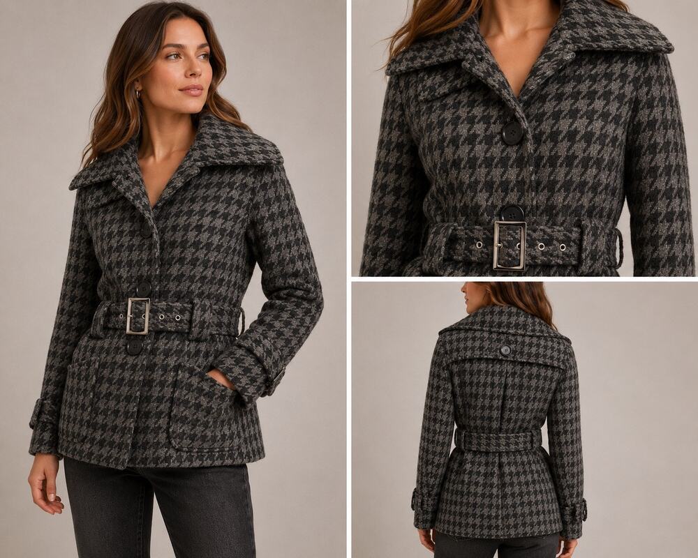 GUESS Womens S Petite Houndstooth Wool Blend Belted Coat Y2K Style Black Gray